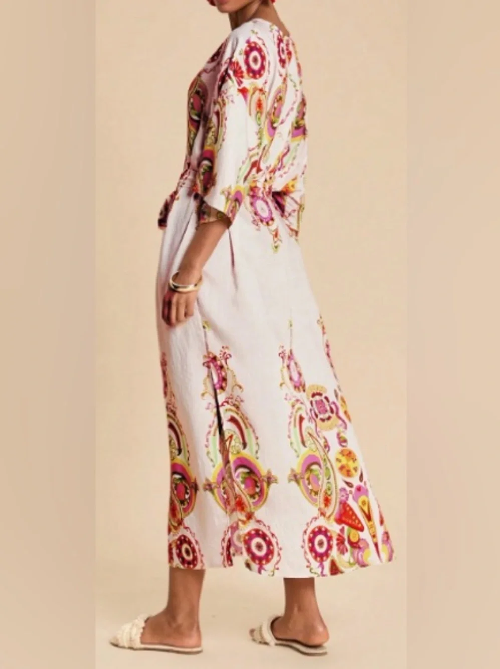 Tie-Waist Midi Dress in White and Pink - US 6 - Picture 2 of 4